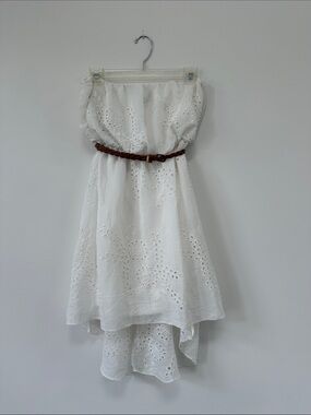 White Eyelet Strapless Summer Dress with Brown Belt